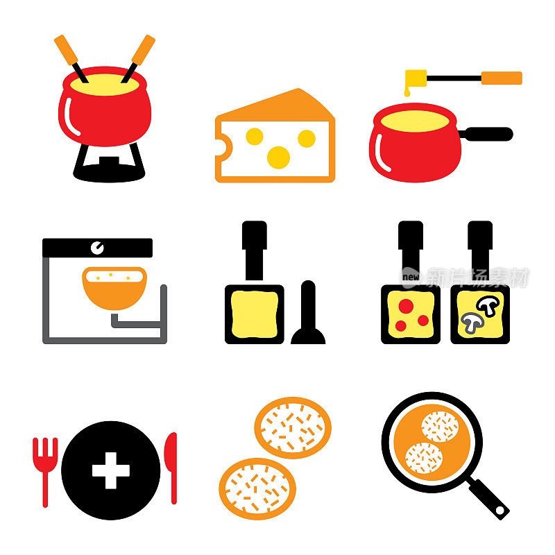 瑞士美食和菜肴矢量图标集-火锅，raclette, rösti，奶酪设计，瑞士的餐点